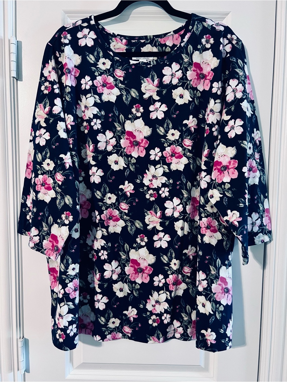 Navy Floral Blouse with Pink & White Flowers